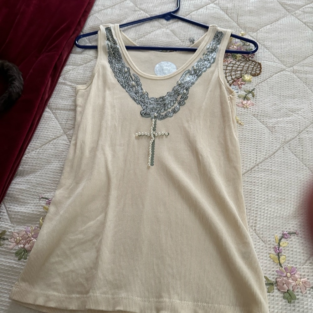Double D Ranch Cream Tank Top with Silver Beaded Cross